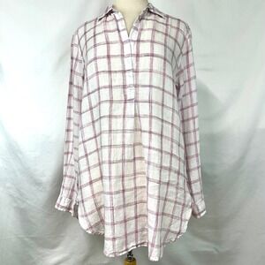 GAP Pink White Plaid Popover Tunic Boyfriend Shirt 100% Linen Long Sleeve Sz M